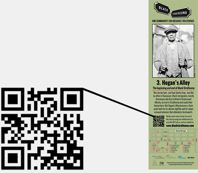 Hogan’s Alley walking-tour sign and QR code linking to its Black Strathcona video story